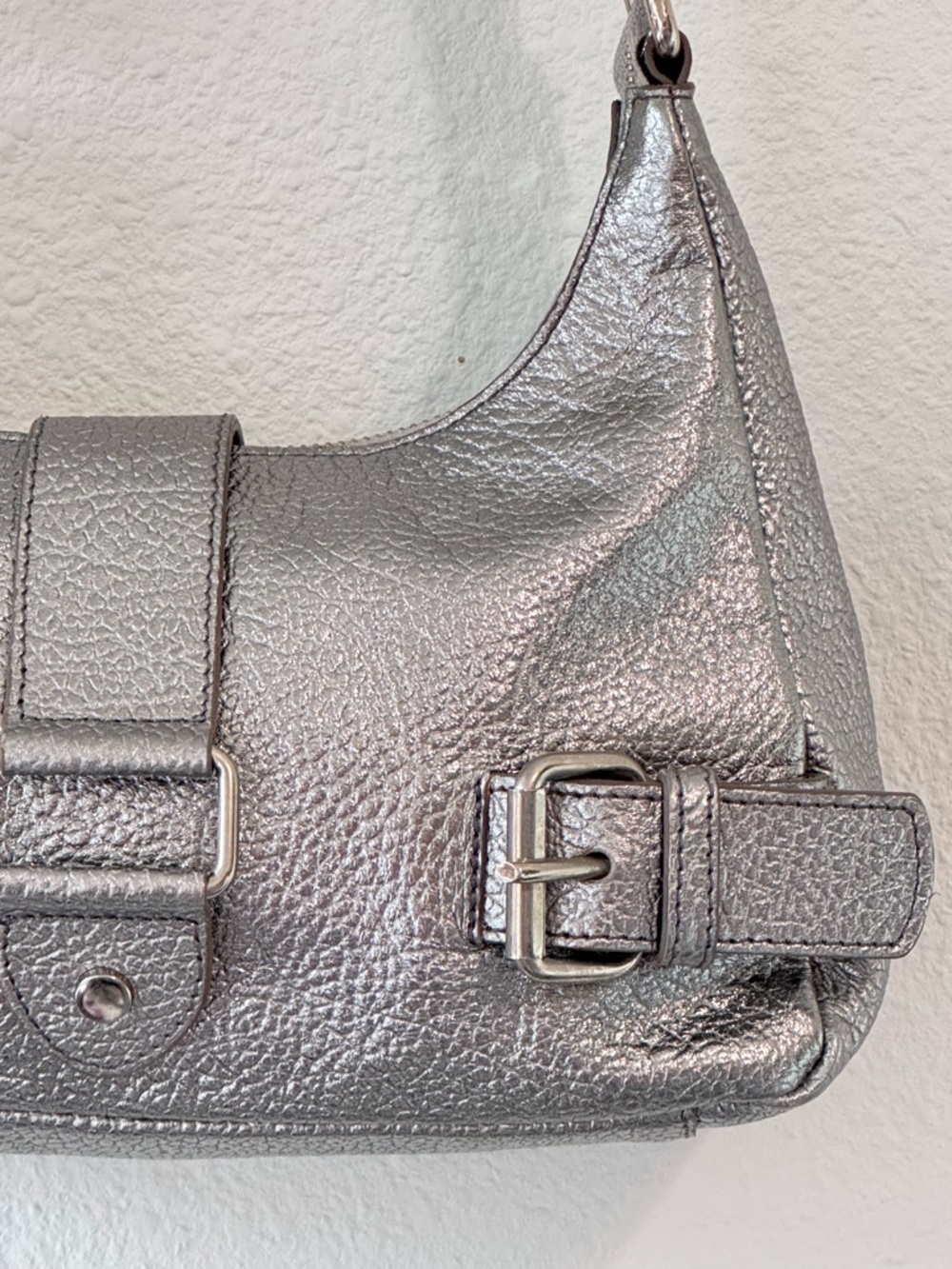 Prune x Gang Mini Bag Metallic Silver Shoulder Strap Buckles Pebbled Leather - Picture 3 of 13